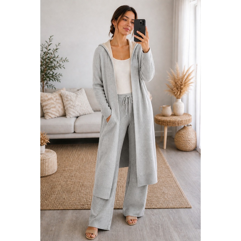 Athleta Westlake Knit Open Cardigan Sweater Sz XXS Grey Hooded Merino Blend Cozy